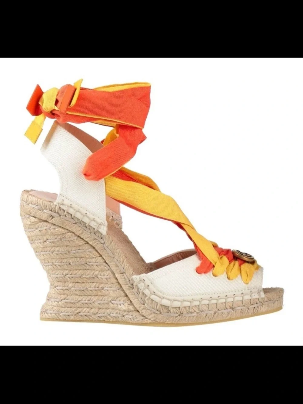 Gucci Orange and Yellow Ribbon Espadrille Wedge Sandals
